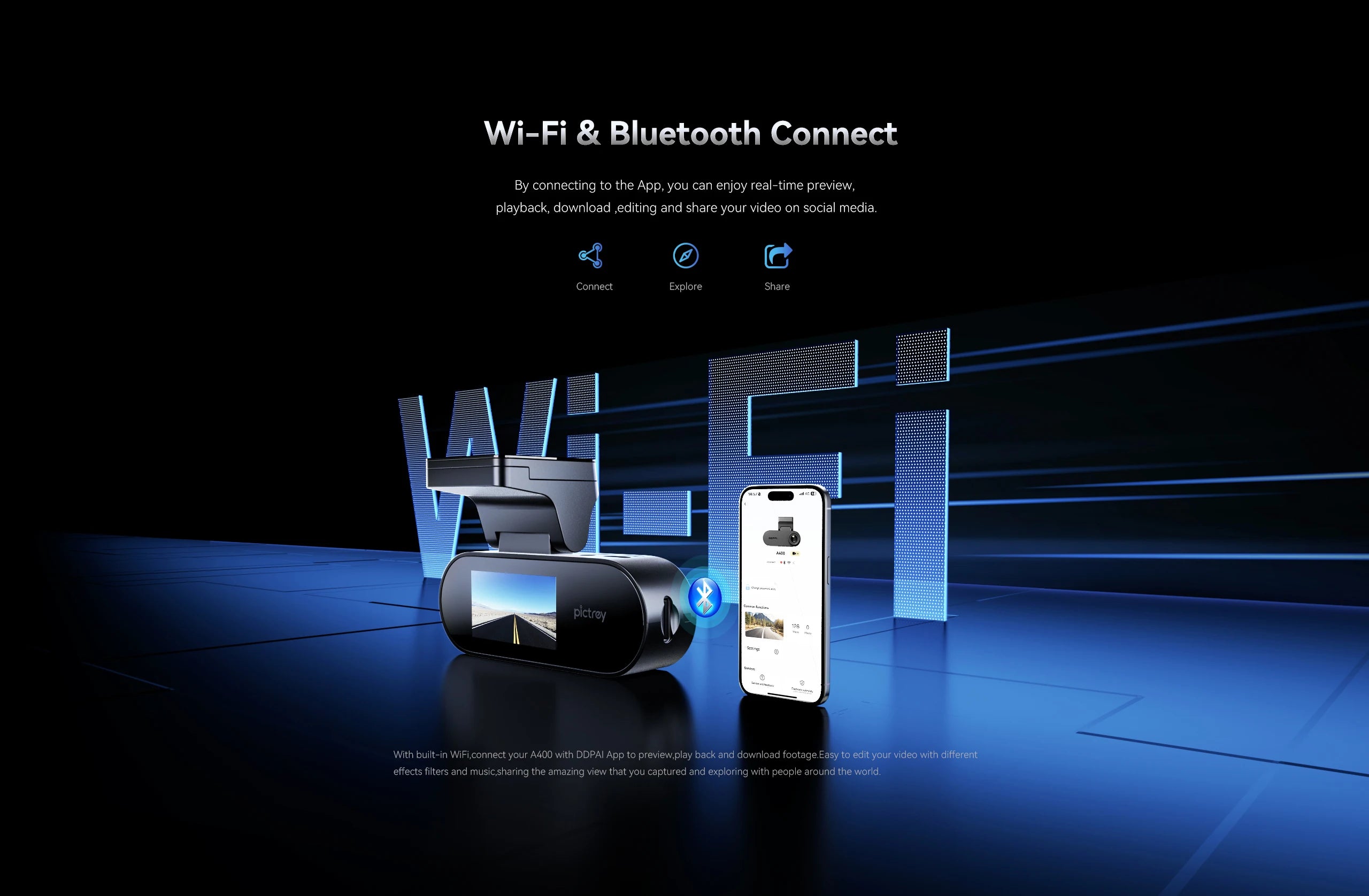 Pictrey A400 Caméra Embarquée 4K Ultra HD ADAS WiFi Écran IPS 1.9'' Vision Nocturne