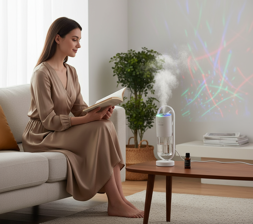 Femme détendue avec humidificateur Magic Shadow