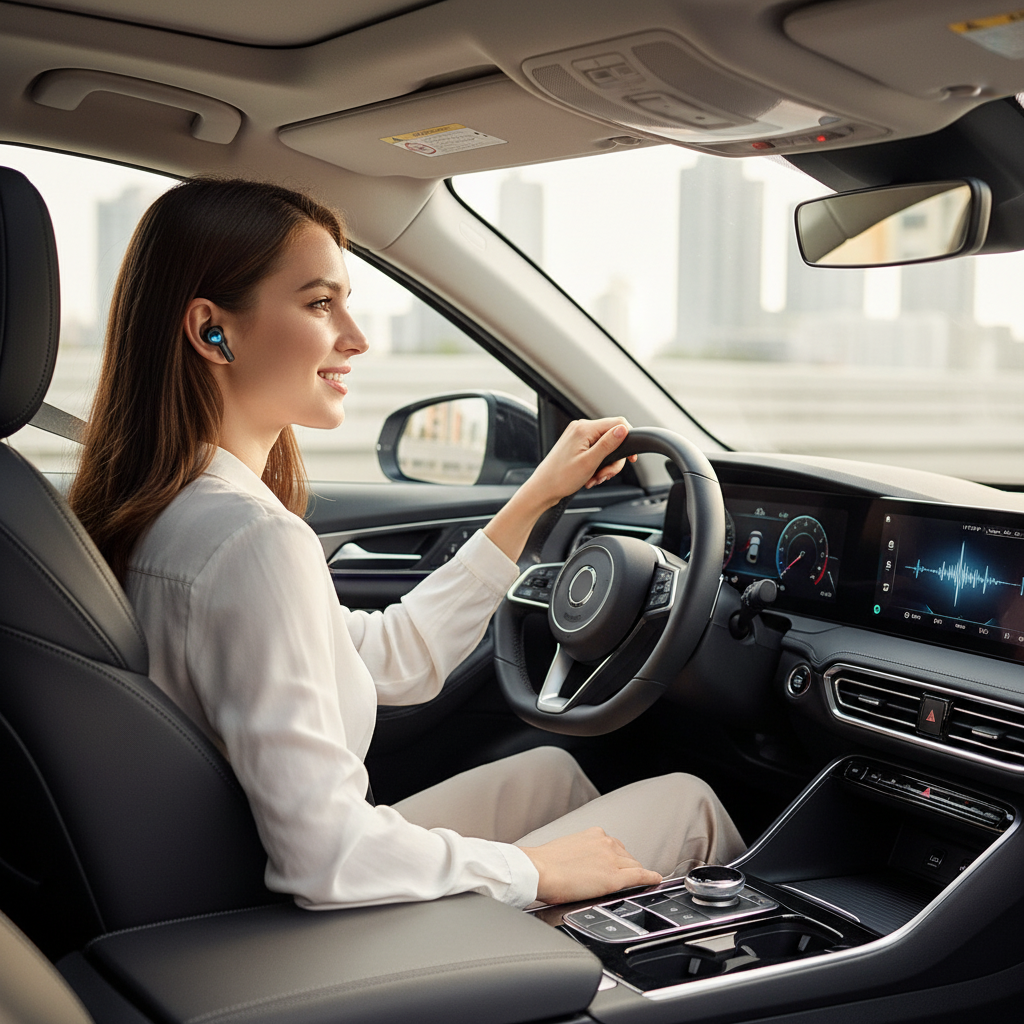 Femme dans sa voiture avec les écouteurs AWEI noirs