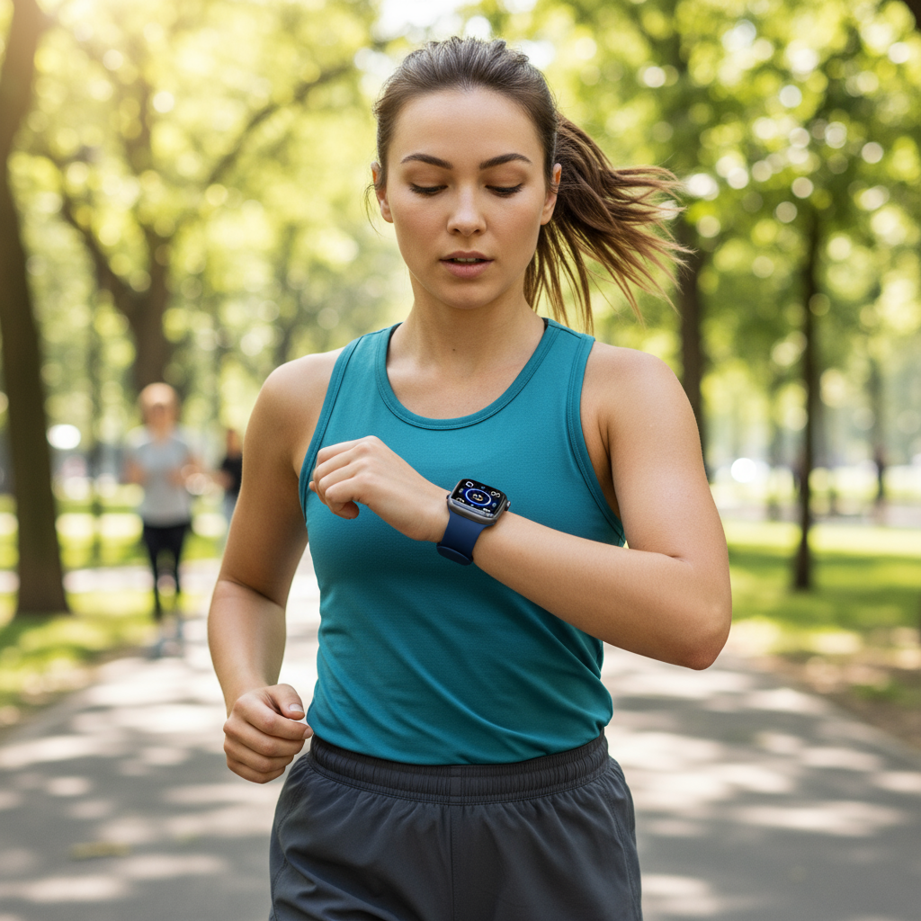 Femme jogging avec Apple Watch Series 7 Bleu