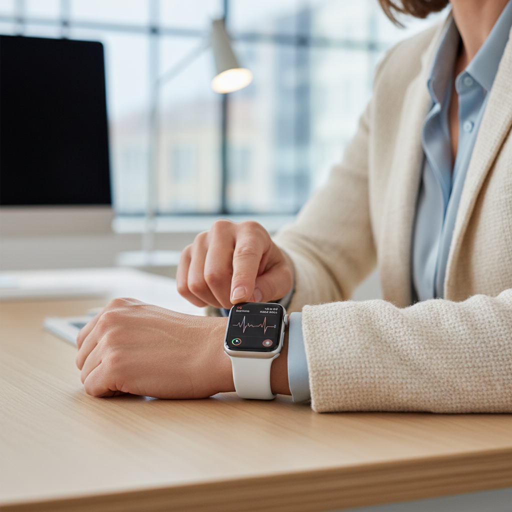 Femme professionnelle avec Apple Watch Series 4 Argent utilisant ECG