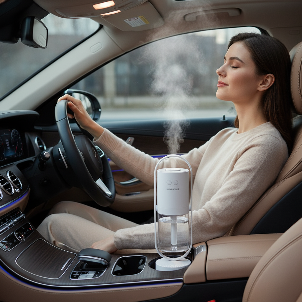 Femme sereine avec humidificateur en voiture