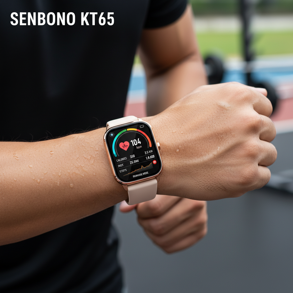 Gros plan SENBONO Rose Gold sur homme sportif montre connectée