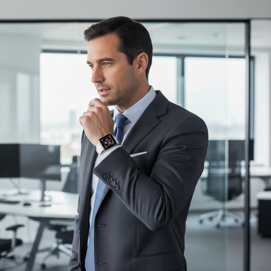 Homme d'affaires avec Apple Watch Series 4 Argent