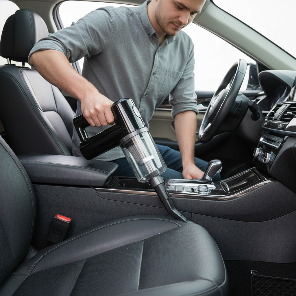 Personne nettoyant les sièges de voiture avec aspirateur