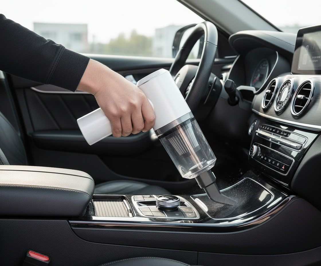 Personne nettoyant voiture avec aspirateur blanc